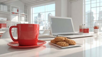 Modern Office Workspace Coffee Break with Cookies and Laptop