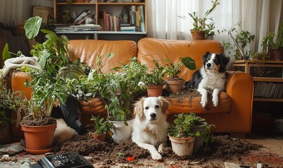 Chaotic living room with dogs and a mess of flower pots, soil, and plants. Despite the destruction, the scene captures the playful and joyful nature of dogs as they create havoc, Generative AI