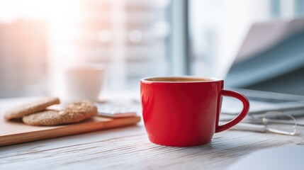 Red Coffee Mug Cookies Laptop Office Break Morning Coffee