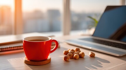 Morning Coffee Break Laptop Coffee Snacks Desk Workspace