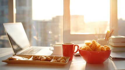 Sunny Office Desk Snacks Laptop Coffee Cookies and City View