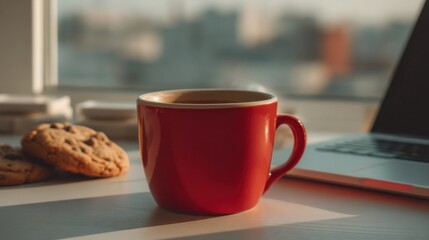 Red Mug Coffee Tea Cookies Laptop Window Cityscape Morning