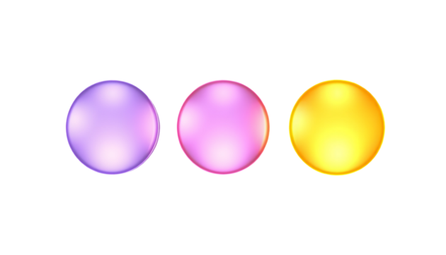Three Vibrant, Glossy Spheres in Purple, Pink, and Gold