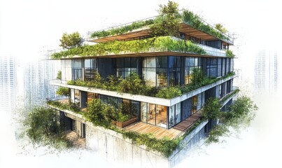 Sustainable office building sketch featuring green roofs, energy-efficient windows, and eco-friendly facades. The design emphasizes energy conservation, reducing the building's, Generative AI