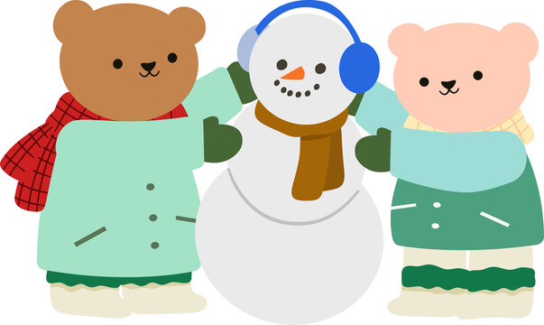 Cute Cartoon Two Bears Building a Snowman Winter Holiday Illustration
