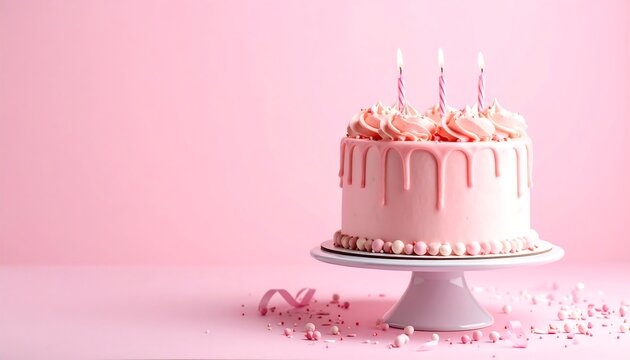 Pink Birthday Cake on Stand, Pink Background