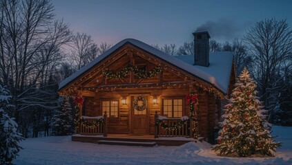 Cozy christmas log cabin in winter wonderland at dusk with tree