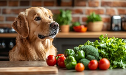 Dog in a grocery store, surrounded by colorful vegetables and healthy food. The pet-friendly store allows dogs to shop for their own nutritious food, promoting a healthy lifestyle, Generative AI