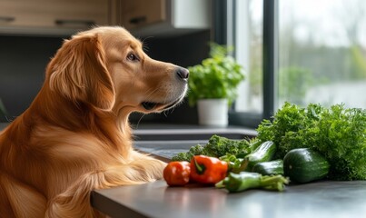 Golden retriever dog in the kitchen looking at fresh vegetables, illustrating the importance of a balanced, nutritious diet for pets, including human-grade ingredients for health, Generative AI