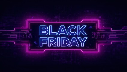 Black friday neon sign with shopping bags and circuit board pattern