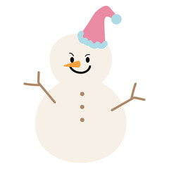 Christmas illustration of snowman wearing pink party hat for Christmas decoration, winter festive season, card print, December element, gift wrap, packaging, cartoon character, sticker, mascot, icons