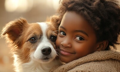 Young child bonding with a pet dog, symbolizing the joy and loyalty shared between children and their dogs. The image emphasizes the importance of this friendship for a happy, Generative AI