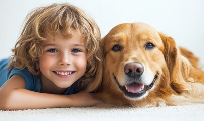 Young child bonding with a pet dog, symbolizing the joy and loyalty shared between children and their dogs. The image emphasizes the importance of this friendship for a happy, Generative AI