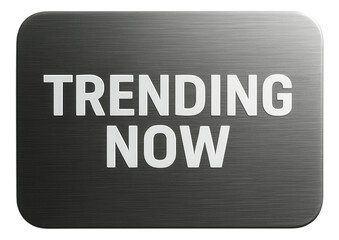 Metallic rectangular sticker with TRENDING NOW label in bold lettering, attractive retail promotion offer on transparent background.