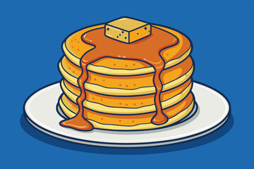 Stack of pancakes with syrup dripping and butter.