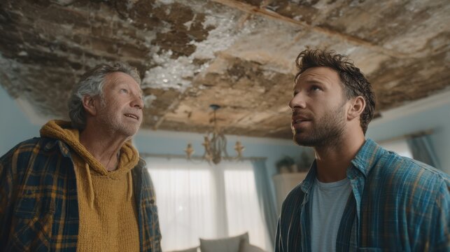 Two men assess a damaged ceiling, sharing expressions of concern while standing in a well-lit room with a chandelier.