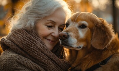 Elderly woman enjoying a joyful moment with her pet dog, reflecting the deep bond and companionship formed over a lifetime. Her warm smile highlights the love and loyalty shared, Generative AI