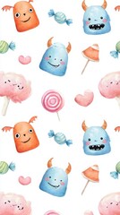 A playful pattern featuring cute monsters, candy, and cotton candy in vibrant colors, perfect for children's themes or whimsical designs.