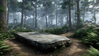 A large, flat rock sits in a misty forest.