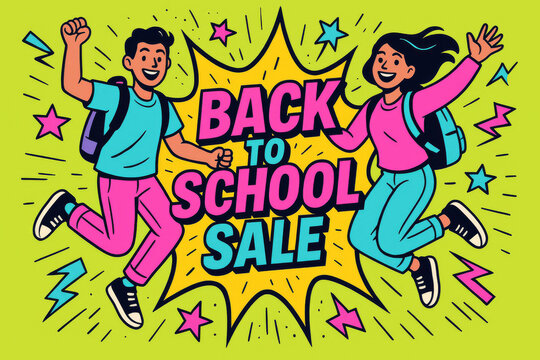 Happy children jumping for joy during Back to school sale promotion  