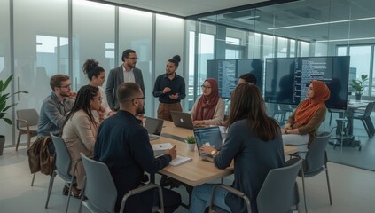Fototapeta premium Diverse team collaborating on laptops in modern office meeting room