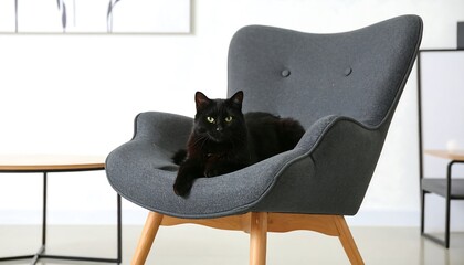 Black cat relaxing in a modern armchair