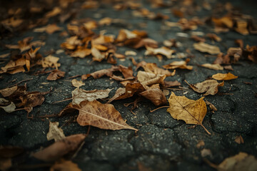 A pavement with scattered fallen leaves, emphasizing texture, autumn mood, and the passage of time