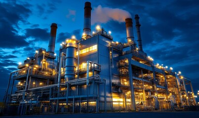 Industrial power plant with CO2 emissions from chimneys, symbolizing the environmental impact of fossil fuel consumption and the need for sustainable energy solutions to mitigate, Generative AI