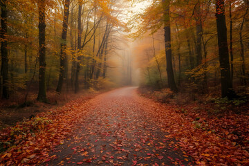 Obraz premium A winding forest path covered with fallen autumn leaves, evoking a sense of journey and tranquility