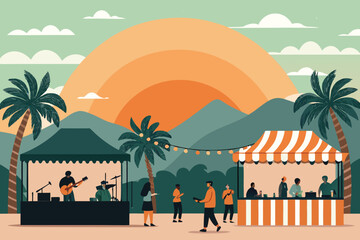 Vibrant street festival with a lively band and diverse food stalls.