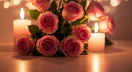 Fototapeta premium Romantic pink roses and glowing candles create a warm, intimate ambiance perfect for celebrations