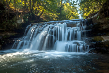 A long exposure photograph of a waterfall cascading over rocks in a lush forest, freshness, and natural energy