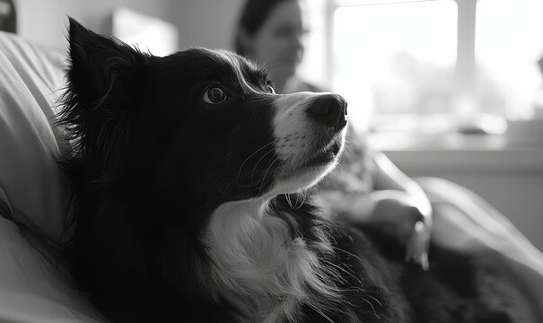 Loyal dog by a hospital bed, offering emotional and mental support to a patient dealing with illness or disease. The deep bond between the pet and owner reflects comfort during times, Generative AI