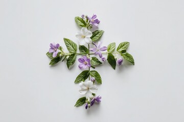 A delicate cross formed from small purple and white flowers and green leaves on a white background