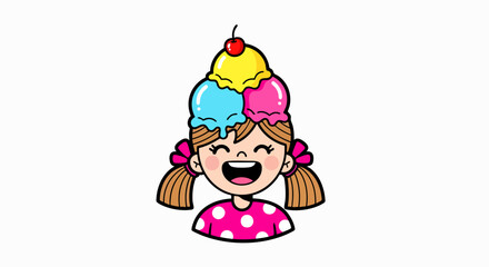 Happy girl with ice cream on head cartoon illustration