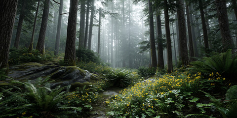 Obraz premium A Misty and Ethereal Forest Landscape