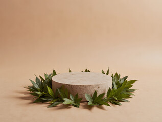 Natural display featuring a round concrete pedestal surrounded by green leaves on a neutral background in an artistic setup