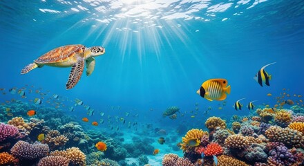 Fototapeta premium Sea turtle swimming above vibrant coral reef with sunbeams