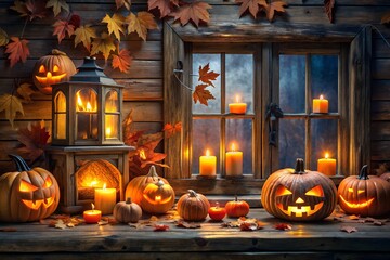 Cozy Halloween Night Scene with Carved Pumpkins and Candlelit Window