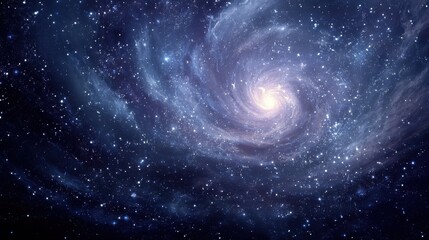 Obraz premium Bright spiral galaxy rotating in dark deep space. Countless glowing stars fill cosmic blue and purple nebula clouds. Abstract universe science background.