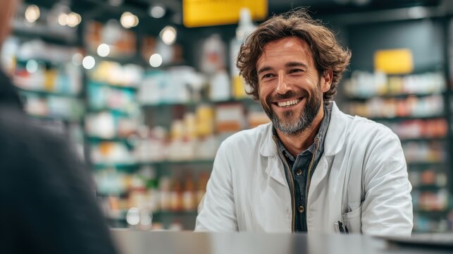 A smiling pharmacist assists a customer in a well-stocked pharmacy, showcasing a friendly and professional atmosphere.