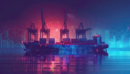 Night cargo ship at port, digital network backdrop