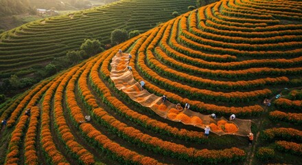 Aerial view of vivid orange flowers being harvested by workers on terraced hillside