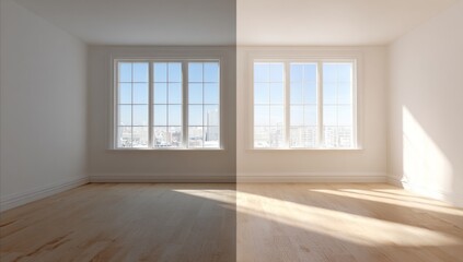 Bright Empty Room with Large Windows Showing City View in Natural Light