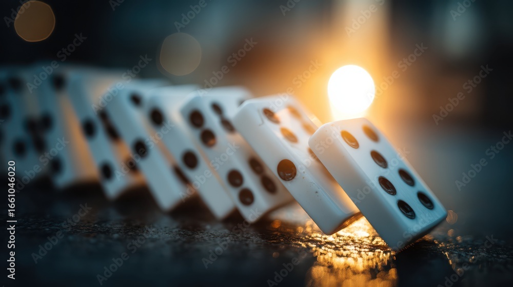 Poster a close-up of falling dominoes with a blurred background, capturing the motion and light effects as 