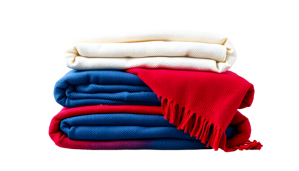 Folded blankets in stack, different colors, warm, cozy home decor.