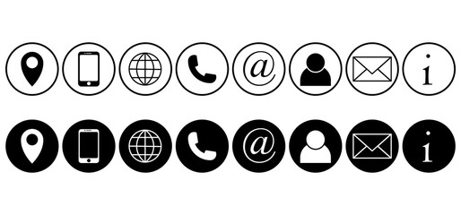 Set of black and white contact icons including phone, email, location, user, web symbols, @ and i mark icons. Ideal for websites, apps, business cards, and digital communication. Icons, vector.