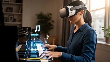 A woman using a VR headset and a holographic interface to learn how to play the piano. - Powered by Adobe