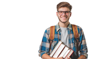 Young man with glasses and a checkered shirt holding books, smiling confidently against a simple background, ideal for educational or student-related content