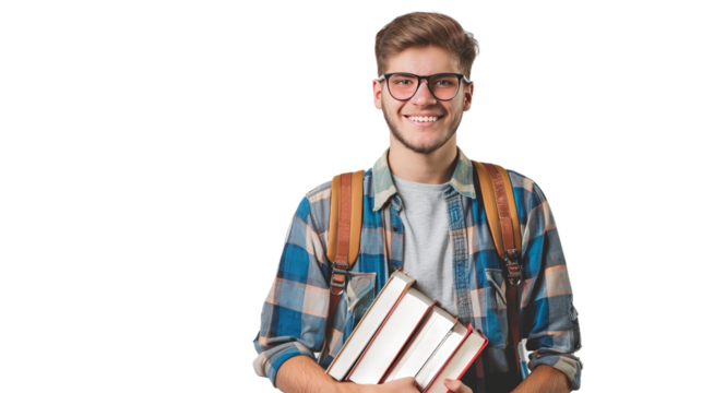 Young man with glasses and a checkered shirt holding books, smiling confidently against a simple background, ideal for educational or student-related content